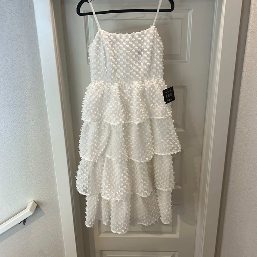 Lulus tiered pom pom midi dress, White, Size S
